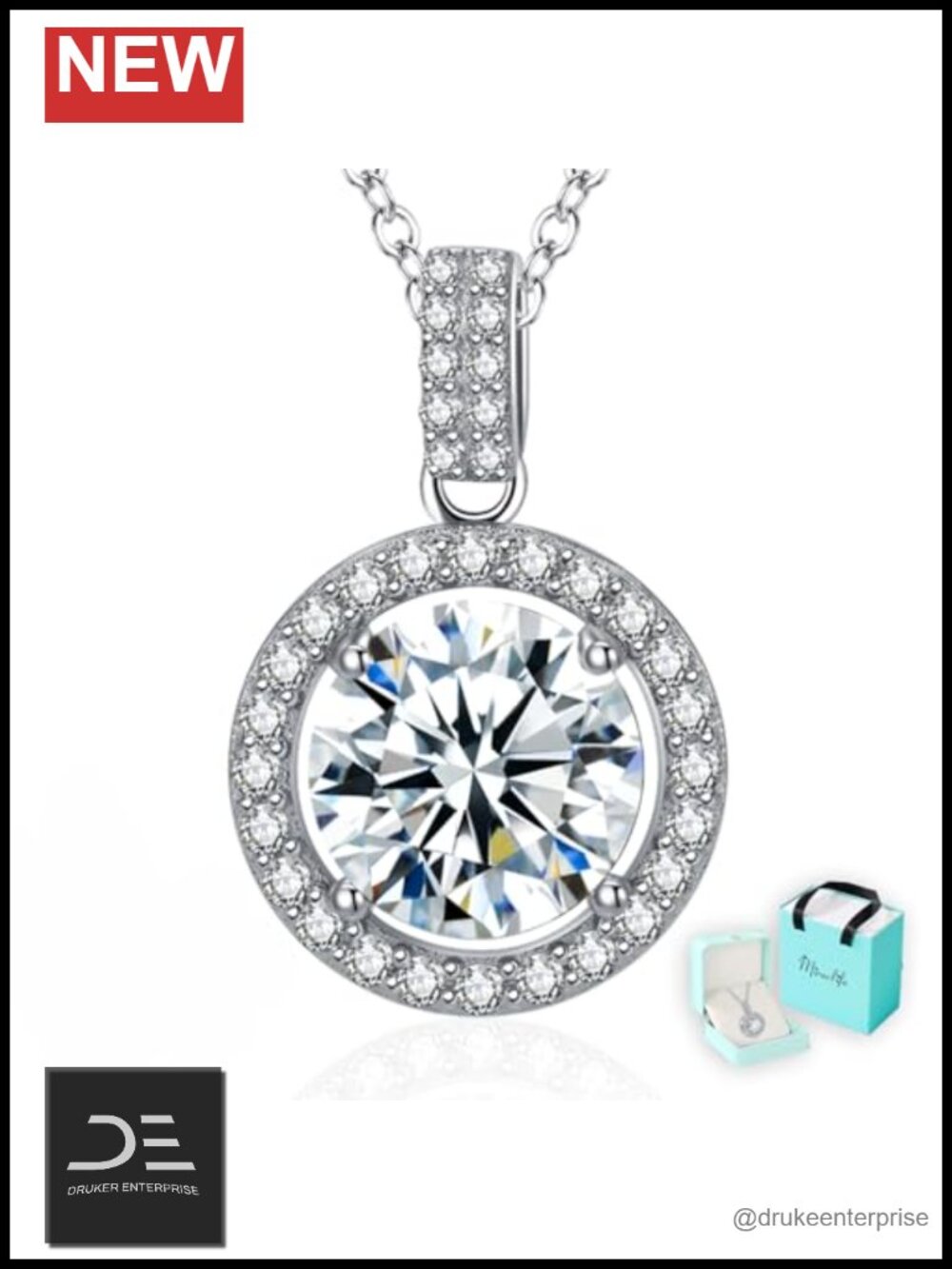 1ct-2ct Moissanite Pendant Necklace 925 Sterling Silver 18K White Gold Plated